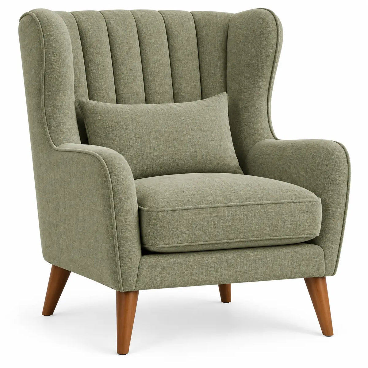 Sillón tapizado con acolchado acanalado y respaldo alto, verde y marrón