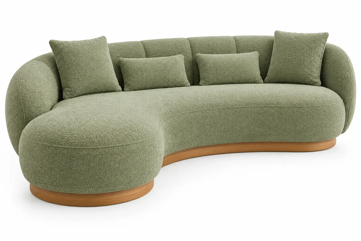 Sofá curvo tapizado de contorno redondeado, verde y marrón