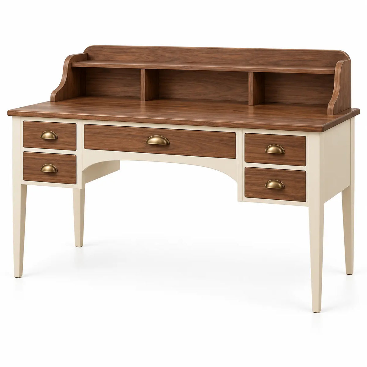 Escritorio con almacenamiento con estantes y cajones, marrón y blanco