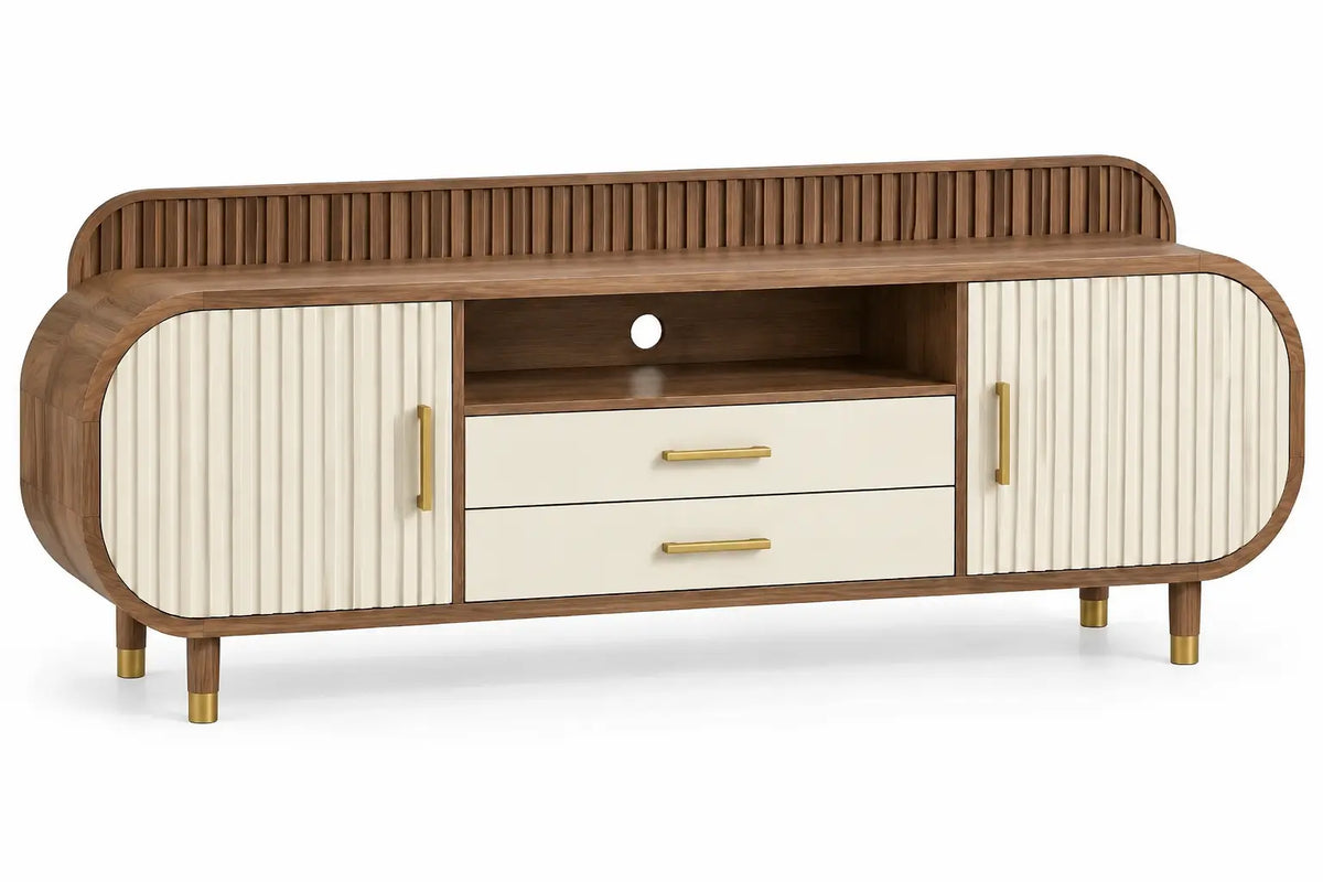 Mueble bajo para televisión con detalles de líneas verticales y estantes, marrón y blanco