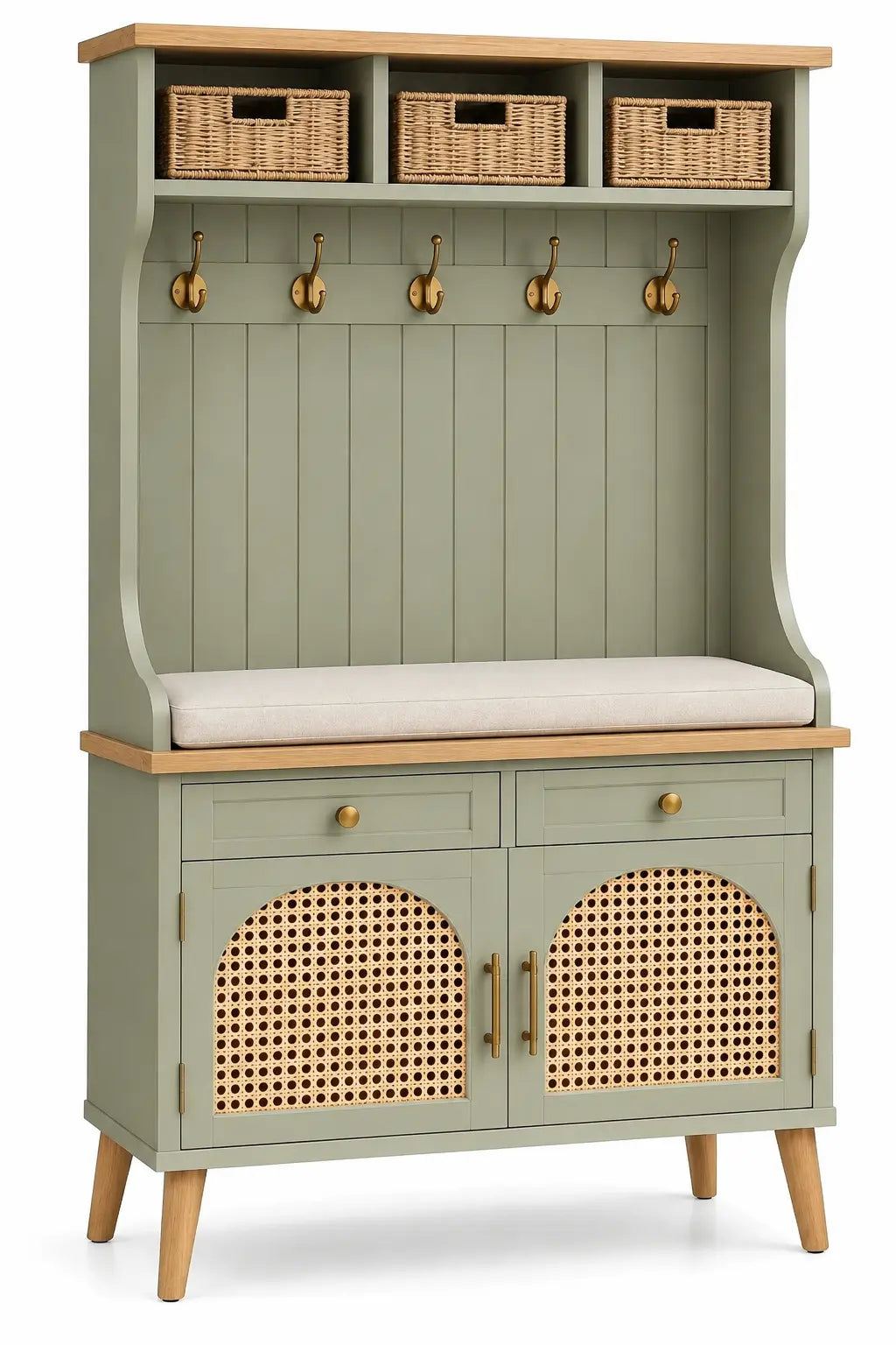 Mueble de recibidor con detalles de entramado y estantes, verde y marrón