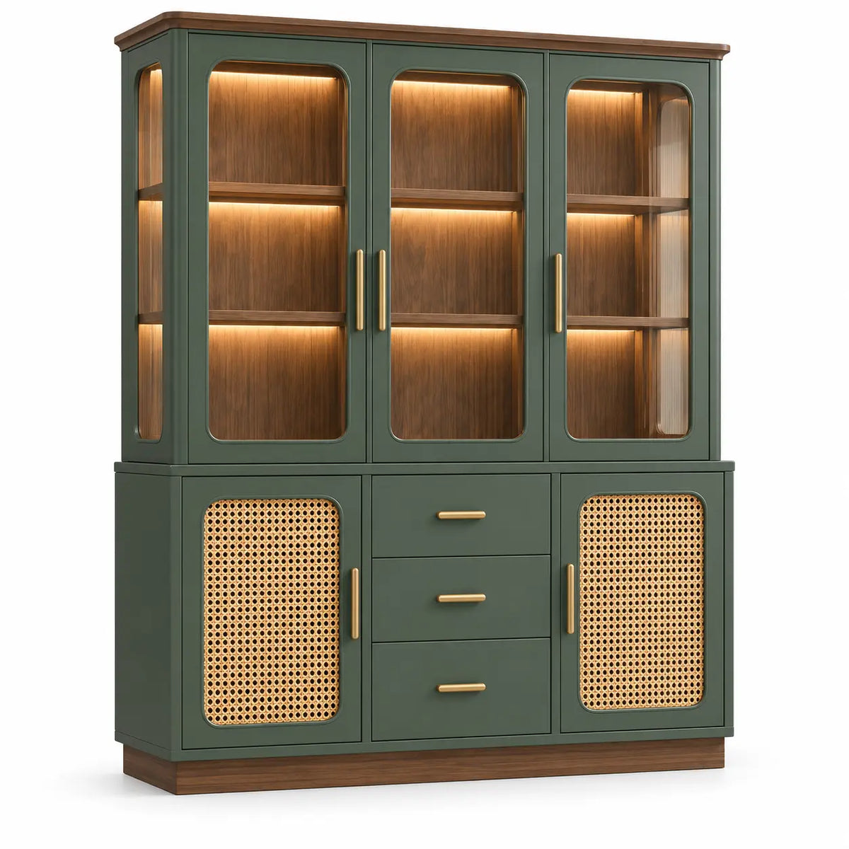 Vitrina de almacenamiento con detalles de entramado y cajones, verde y marrón