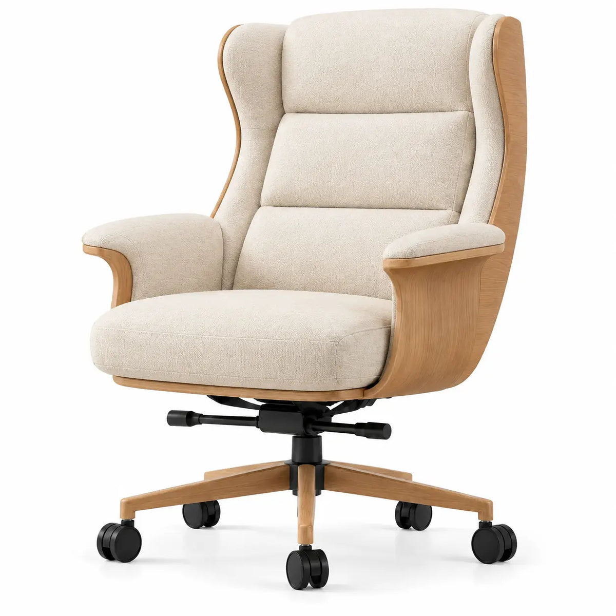 Silla de oficina con ruedas con respaldo alto, beige y marrón