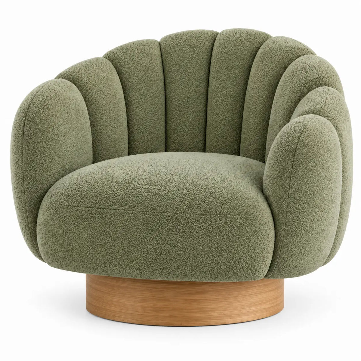 Sillón tapizado de líneas curvas con acolchado acanalado, verde y marrón