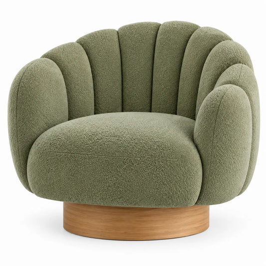 Sillón tapizado de líneas curvas con acolchado acanalado, verde y marrón